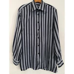 Bernini Platinium Silk Button Up Shirt Men L Gray Black Striped Luxury